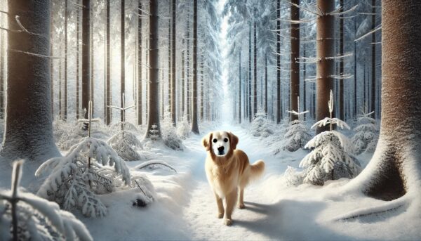 chien en balade hivernale en foret