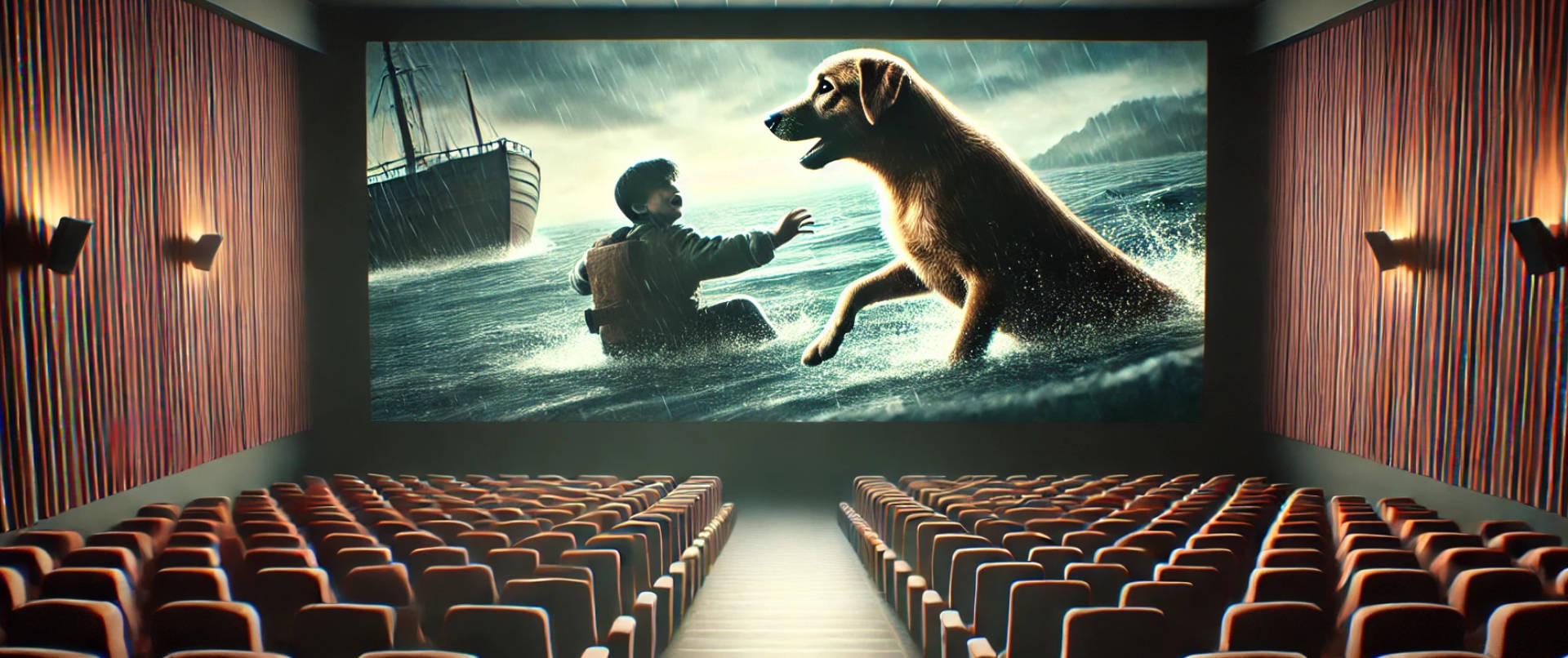 Salle de cinéma vue du fond de la salle, présentant sur l'écran un chien sauvant un enfant.