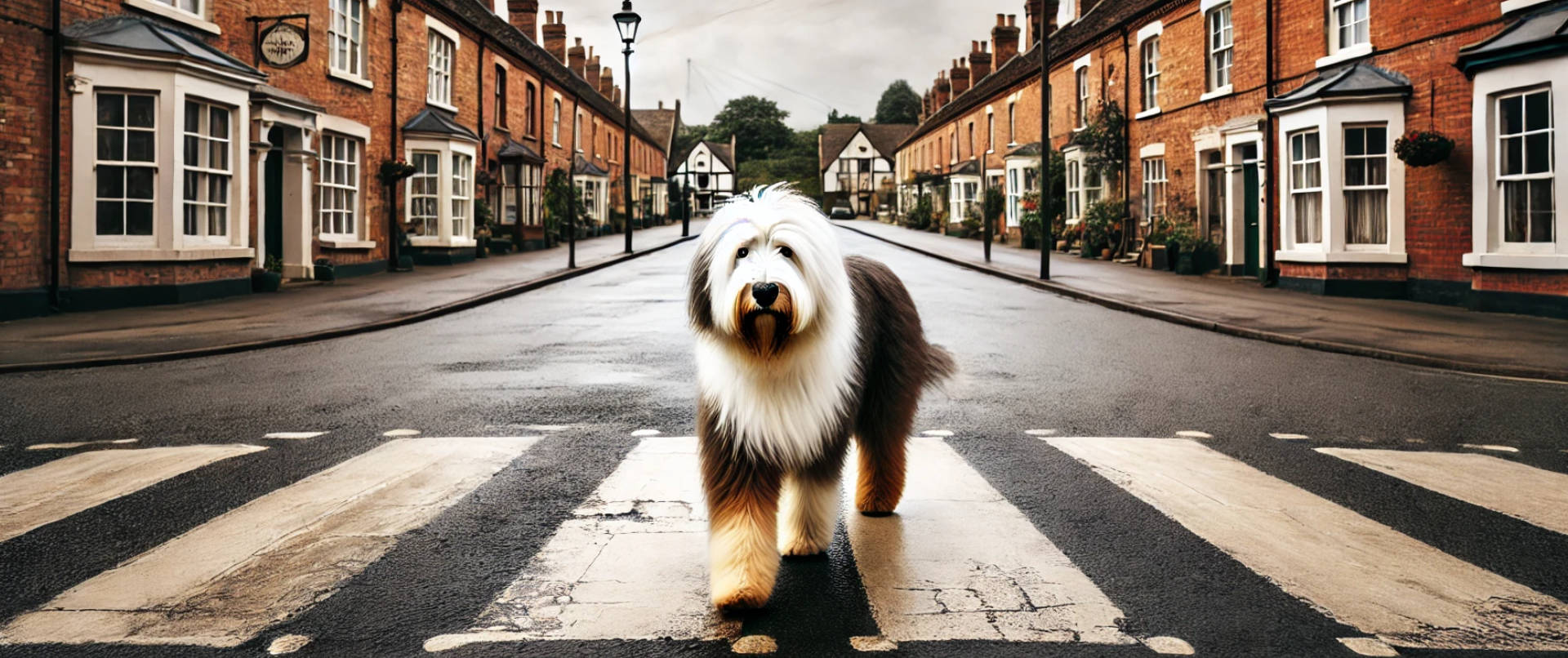 Old English Sheepdog sur un passage piéton en angleterre